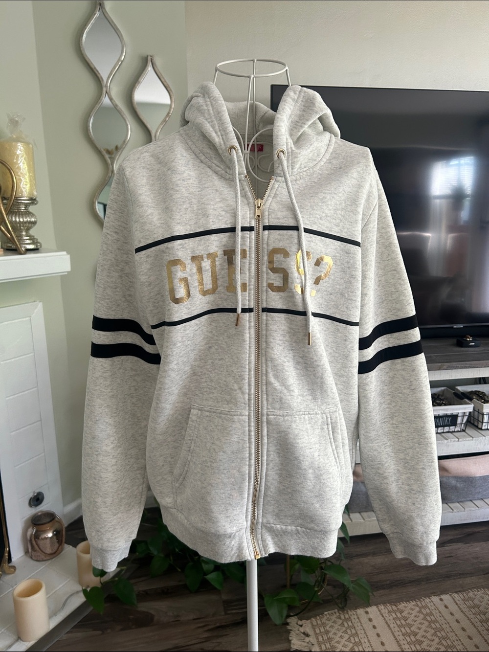 Guess Light Gray Zip-Up Hoodie with Black Stripes and Gold Logo